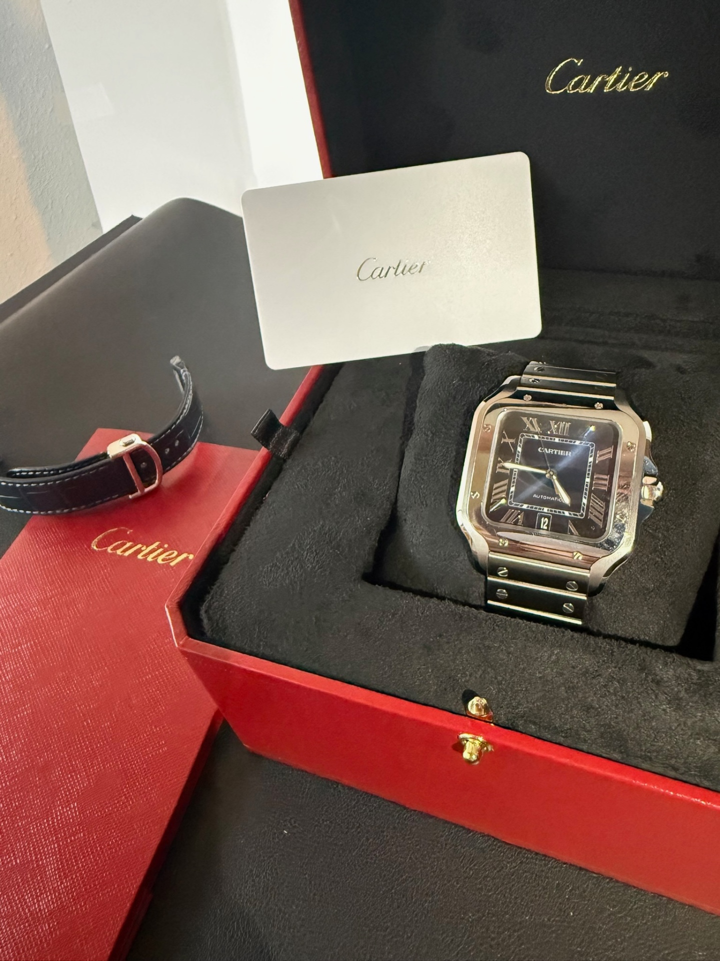 2025 Cartier Santos Large — Cartier presentation box with additional leather strap and card