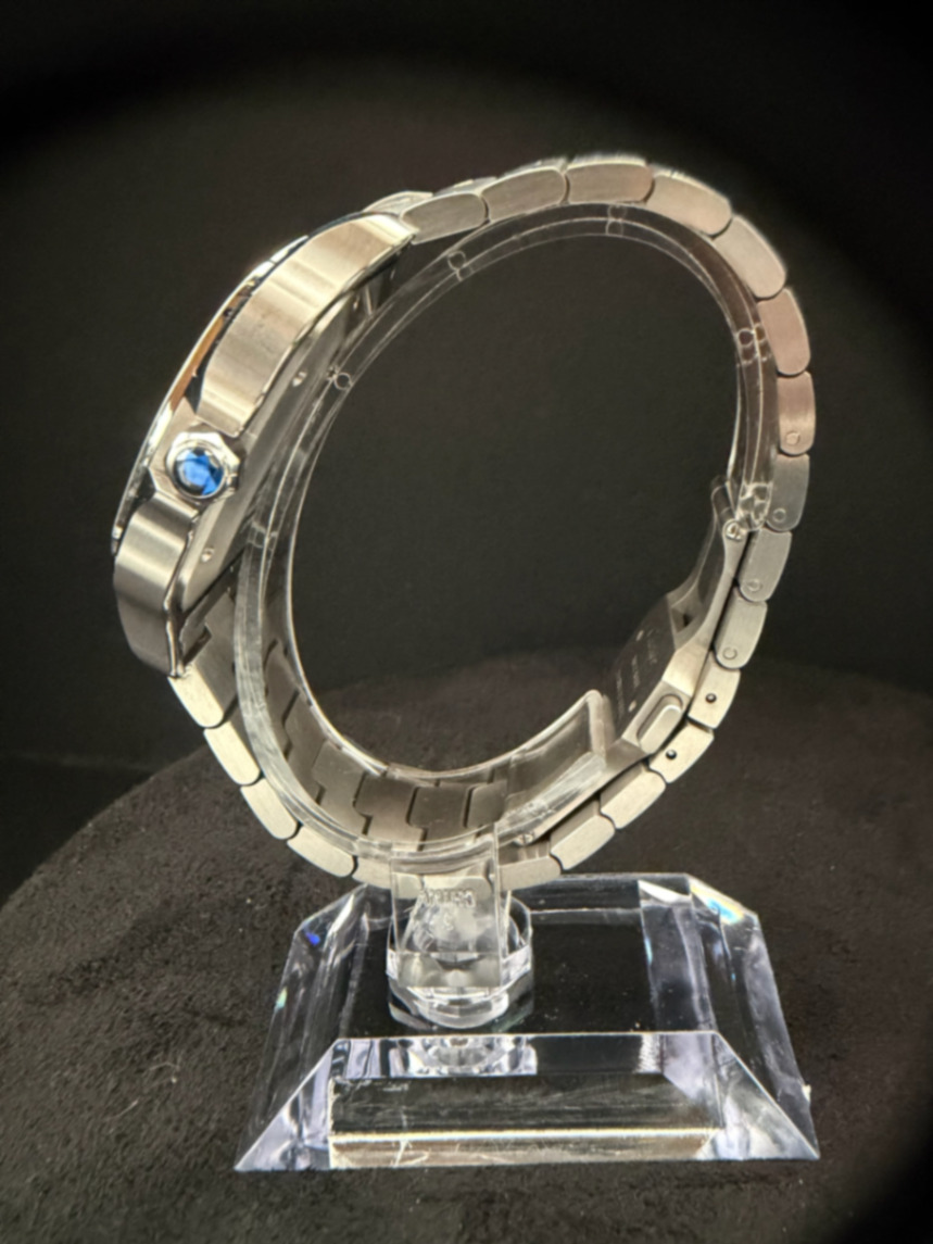 2025 Cartier Santos Large — crown side profile showing blue spinel cabochon
