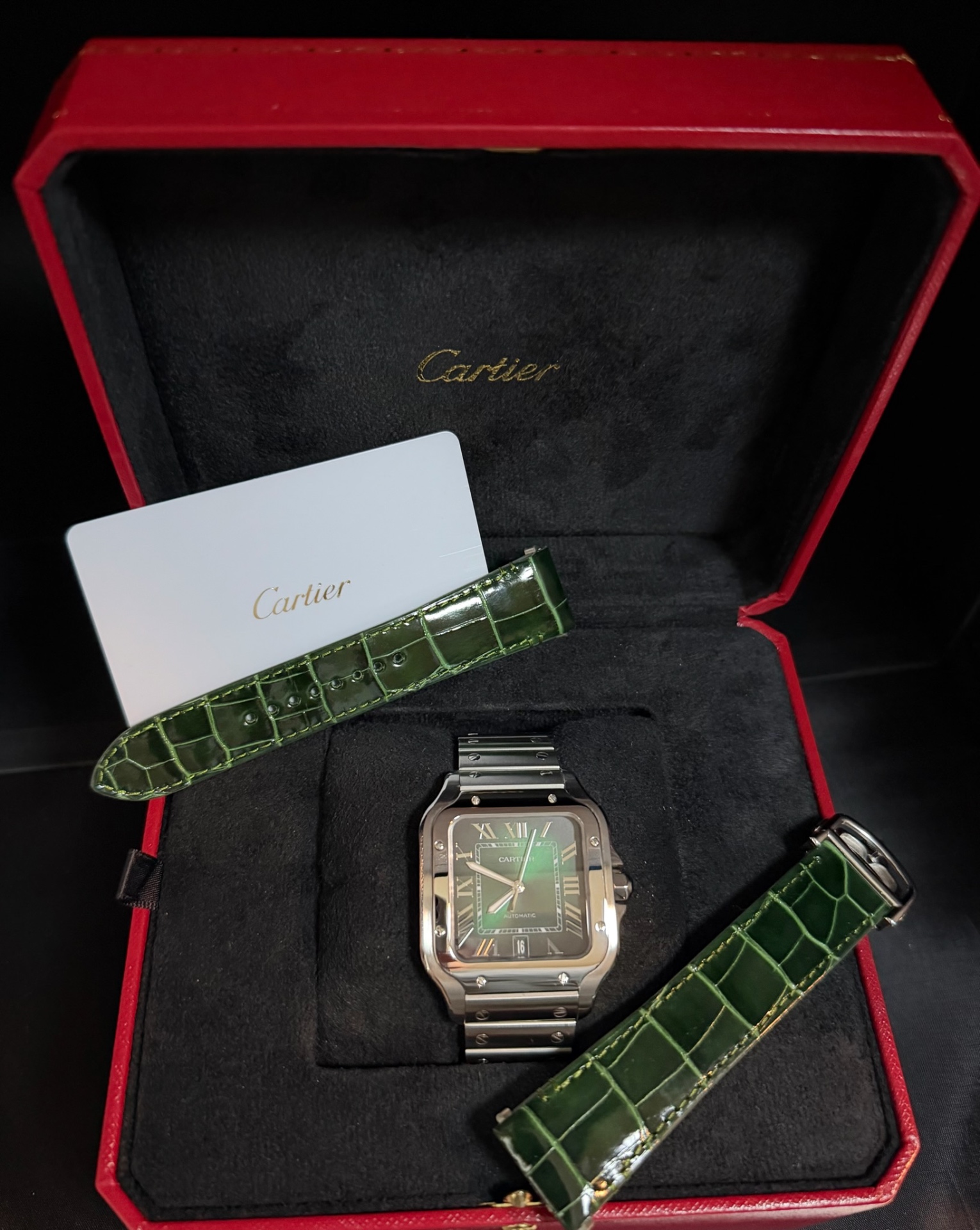 2025 Cartier Santos Large green dial — full set with box and extra green alligator strap