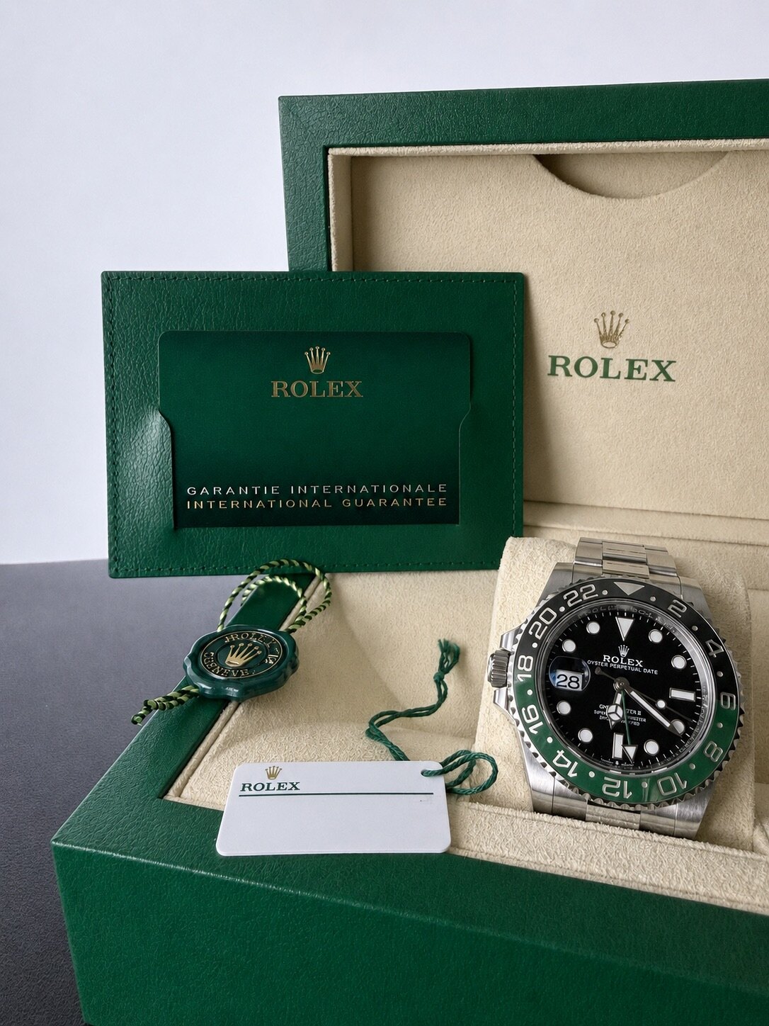 2023 Rolex GMT-Master II Sprite 126720VTNR in original green Rolex presentation box with International Guarantee card