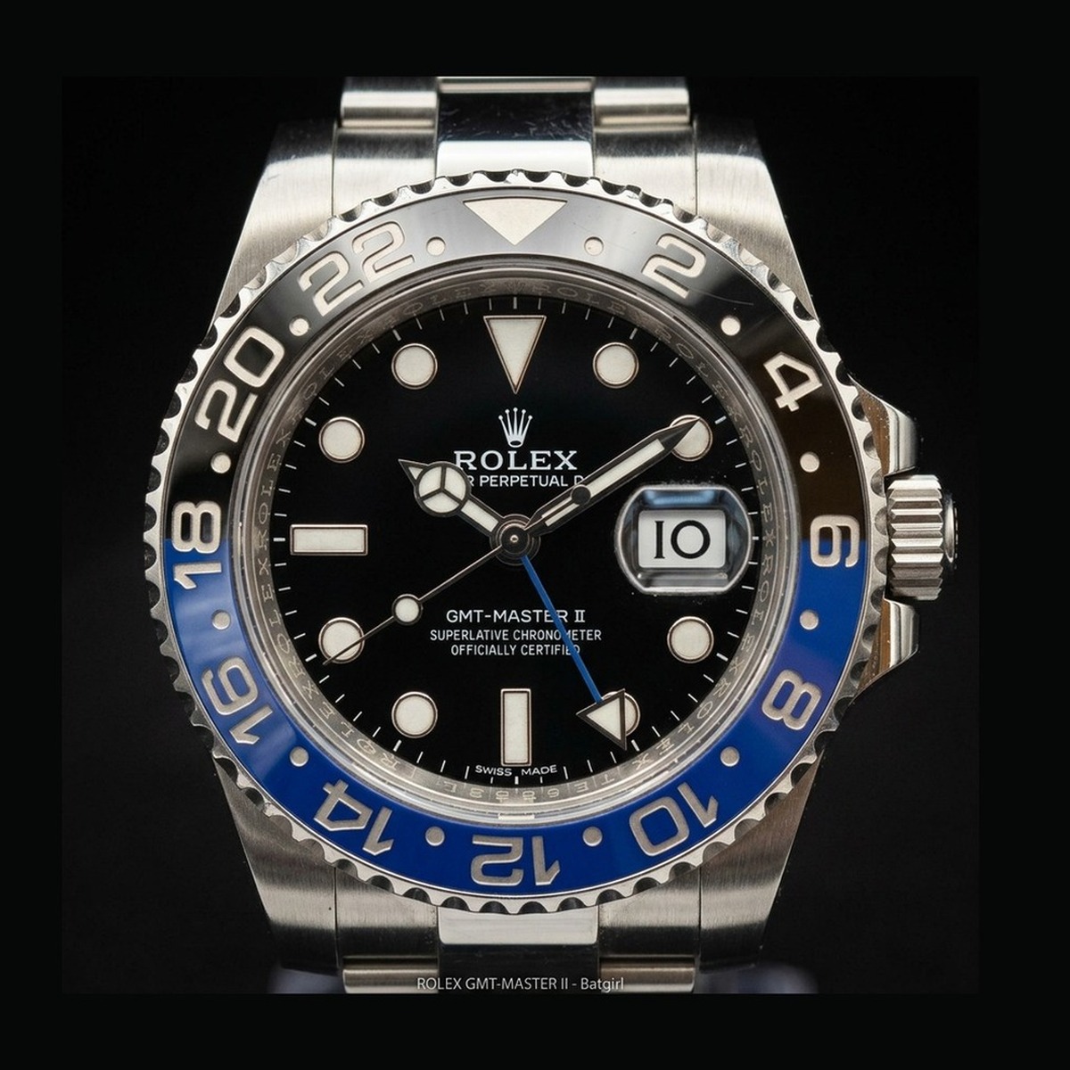 2018 Rolex GMT-Master II Batman 116710BLNR black dial with black and blue Cerachrom bezel on Oyster bracelet