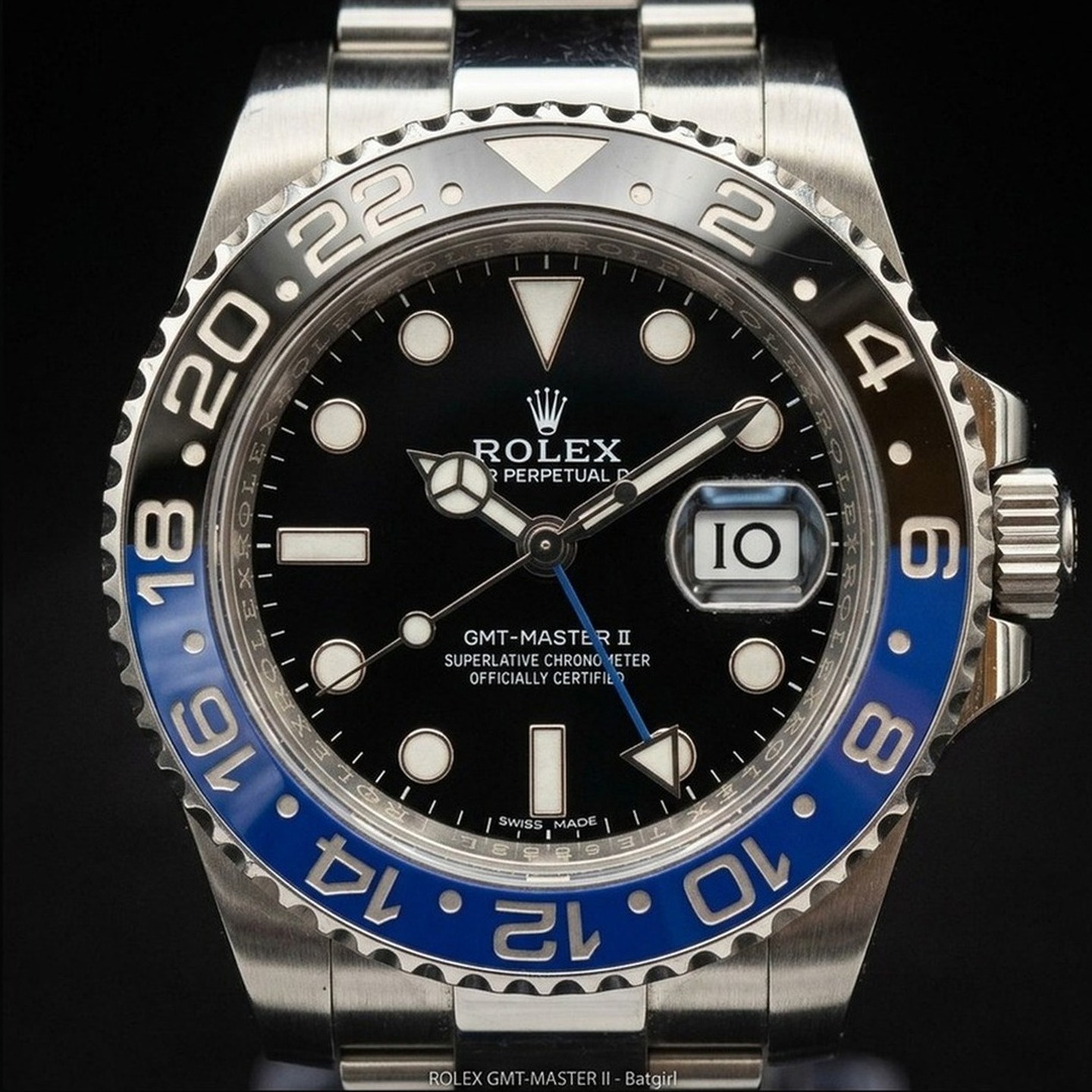 2018 Rolex GMT-Master II Batman 116710BLNR black dial with black and blue Cerachrom bezel on Oyster bracelet