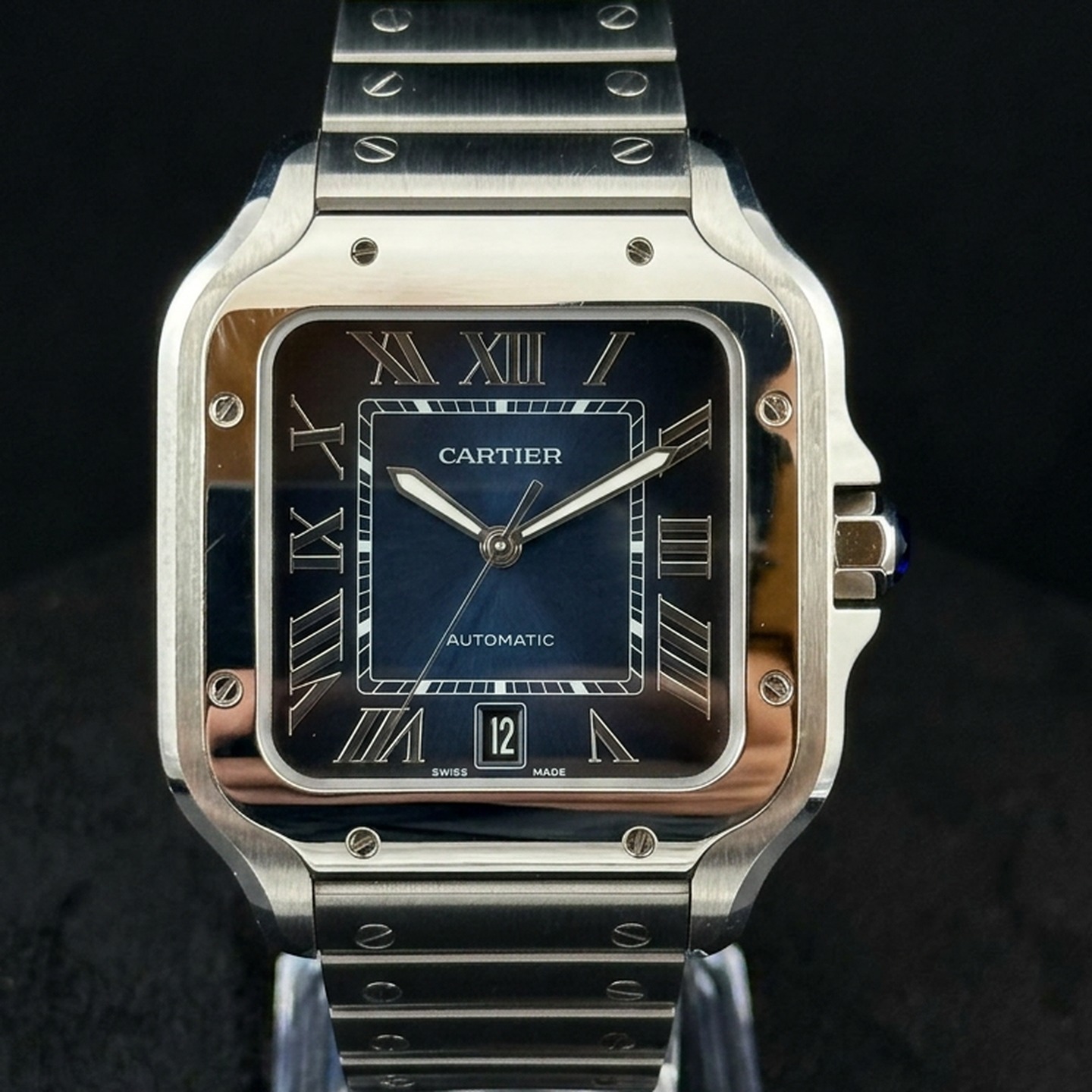 2025 Cartier Santos de Cartier Large stainless steel with blue sunray dial on steel bracelet