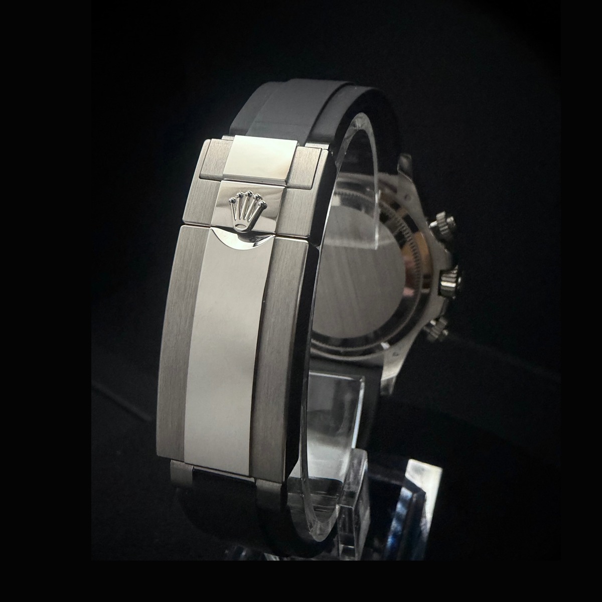 Rolex Daytona 126519LN caseback view with Oysterflex strap and Rolex coronet clasp