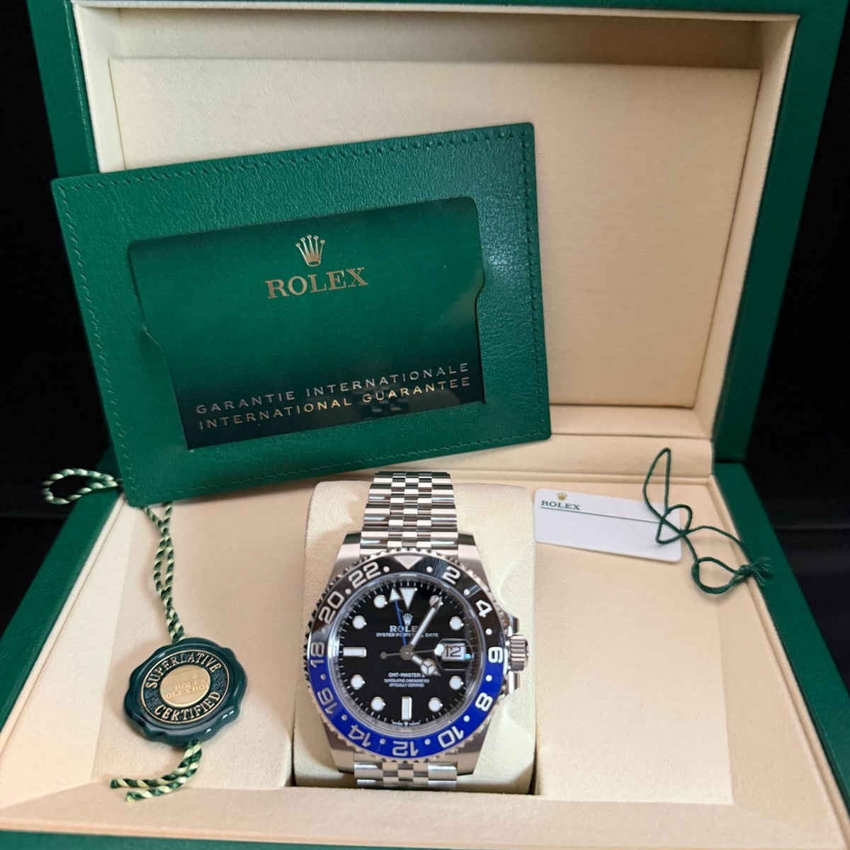 2026 Rolex GMT-Master II Batgirl 126710BLNR presented in its Rolex presentation box with green guarantee card and hangtag