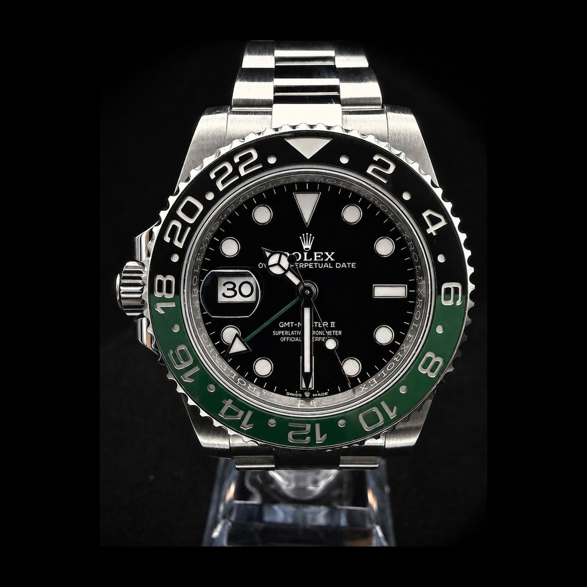 2023 Rolex GMT-Master II Sprite 126720VTNR green and black ceramic bezel left-hand crown on Oyster