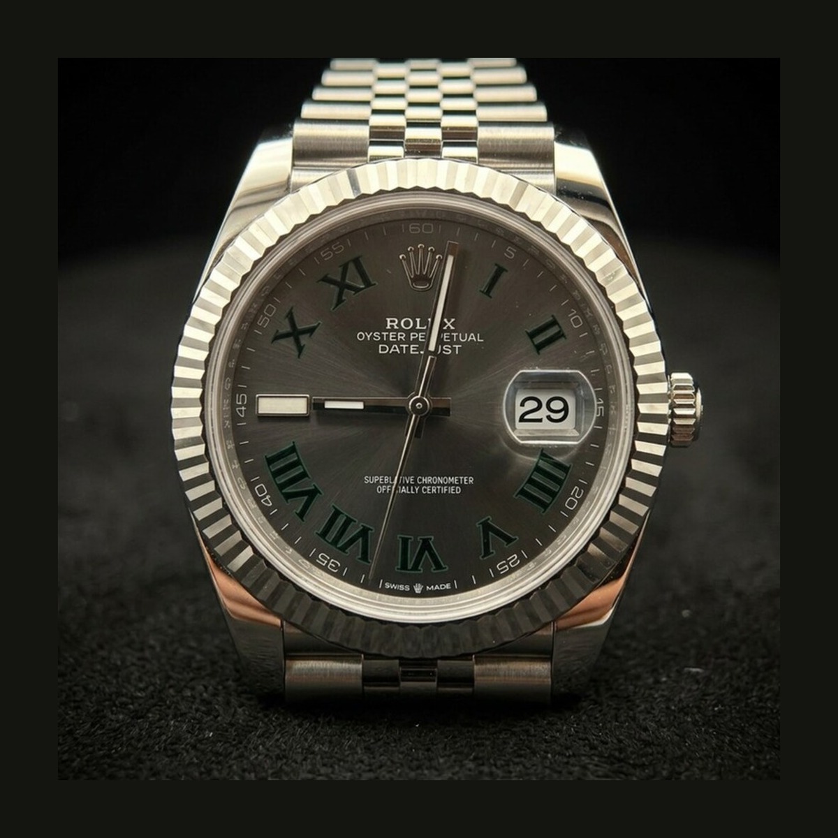 2025 Rolex Datejust 41 Wimbledon 126334 slate dial with green Roman numerals on Jubilee