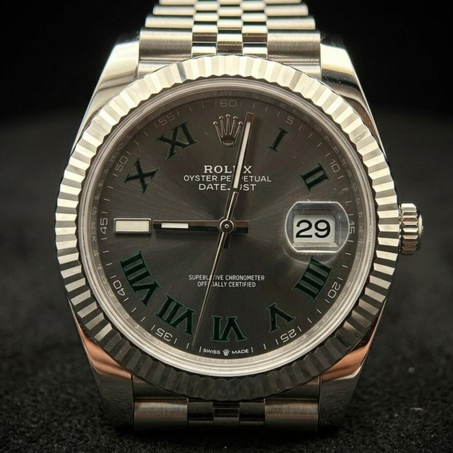 2025 Rolex Datejust 41 Wimbledon 126334 slate dial with green Roman numerals on Jubilee
