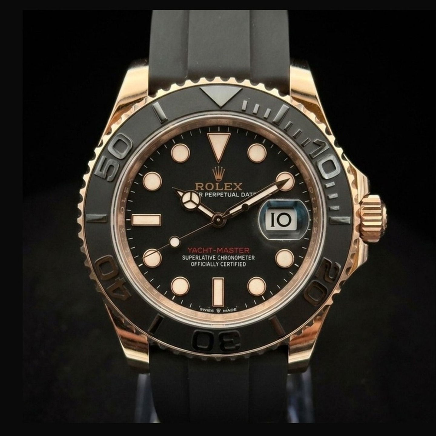 Rolex Yacht-Master 40 126655 18k Everose Gold with black dial and matte black Cerachrom bezel on Oysterflex