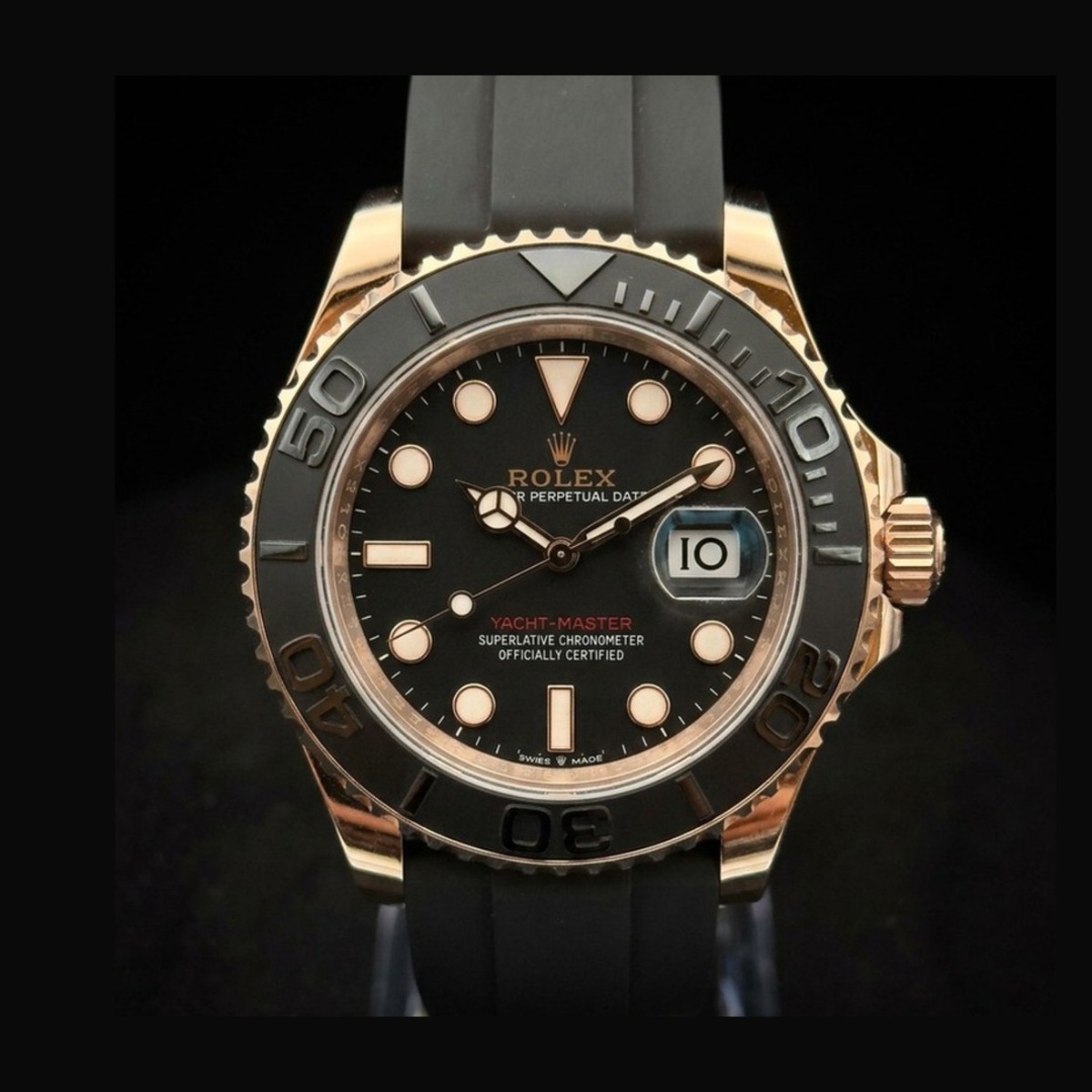Rolex Yacht-Master 40 126655 18k Everose Gold with black dial and matte black Cerachrom bezel on Oysterflex